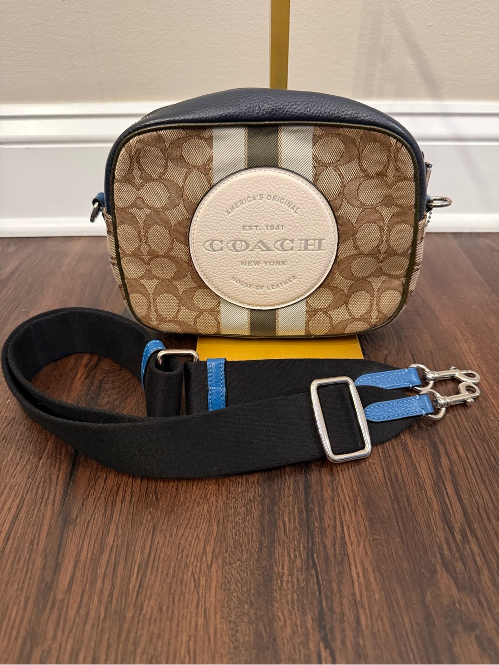 Coach Crossbody Bag in Brown, Black, Cream with Blue Strap Accents